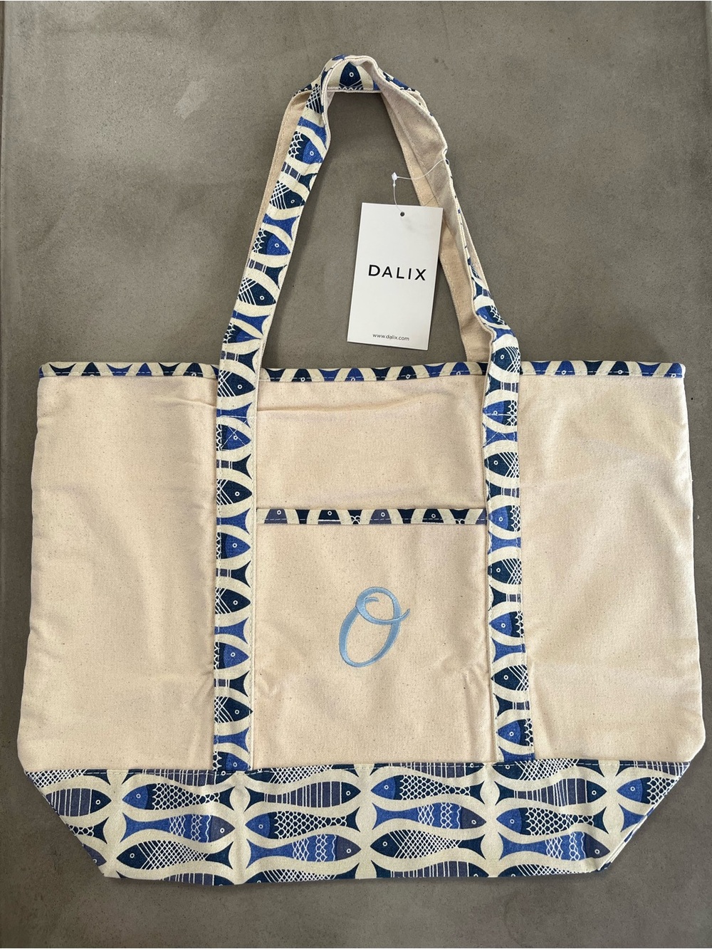 Large Canvas Tote Bag Blue Antique Fish Monogram Embroidered Initial O Zipper